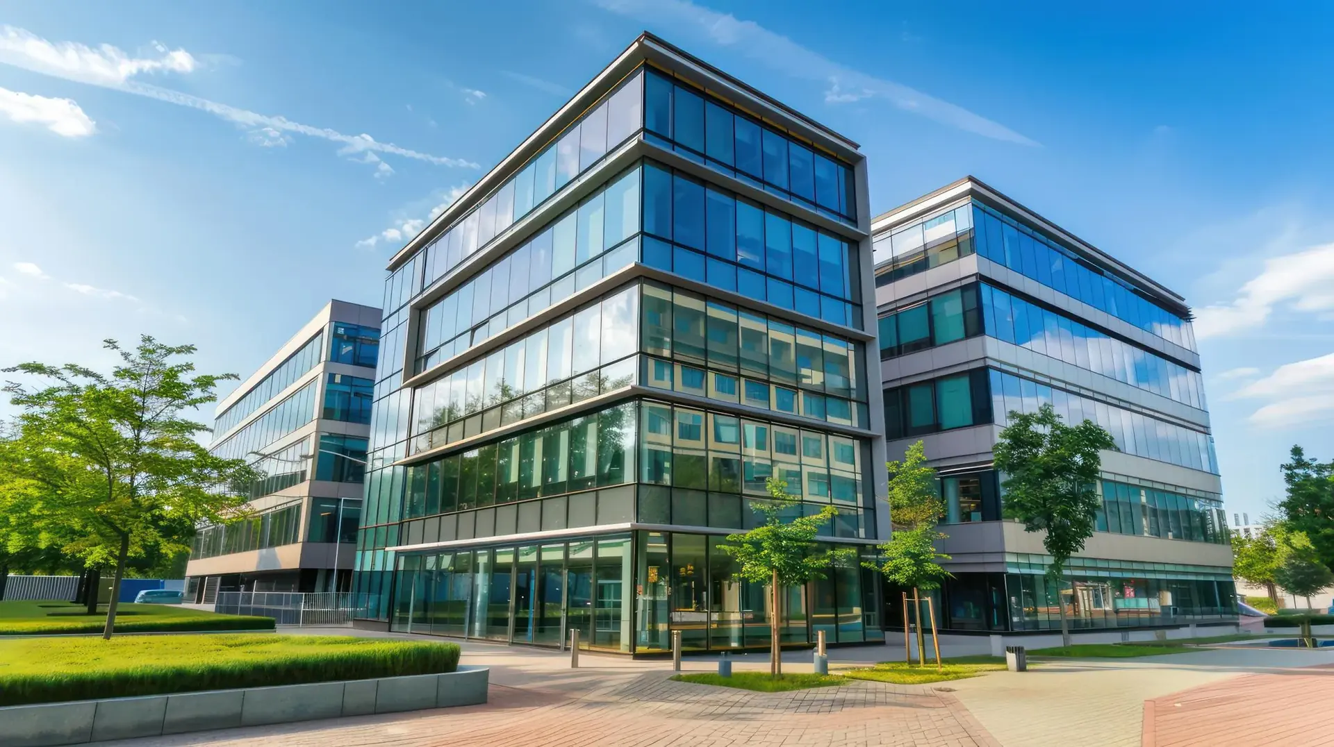 Bürogebäude mit Glasfassaden und begrüntem Vorplatz